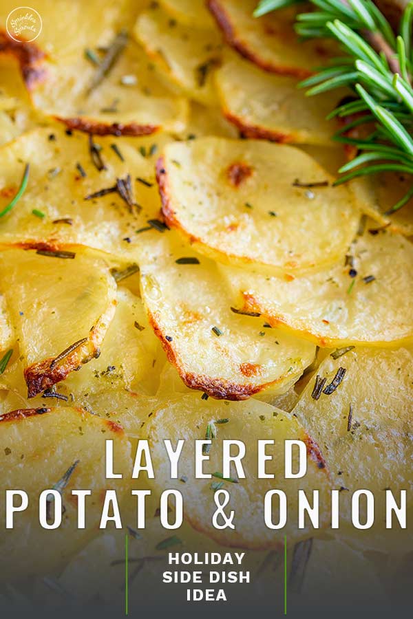 close up on the baked sliced potatoes with text at the bottom