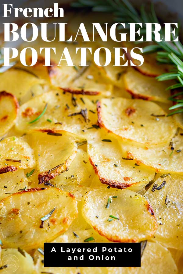 close up on the baked sliced potatoes with text at the top and bottom
