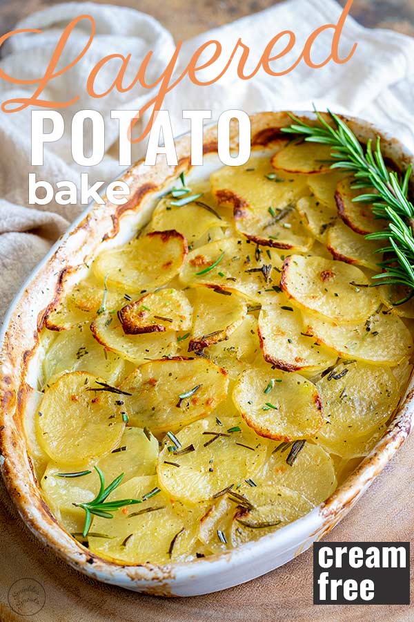 white dish of French potato bake with text at the top