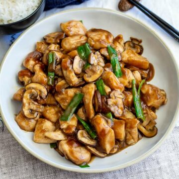 overhead view of a white bowl of Chinese chicken and mushrooms with green onions