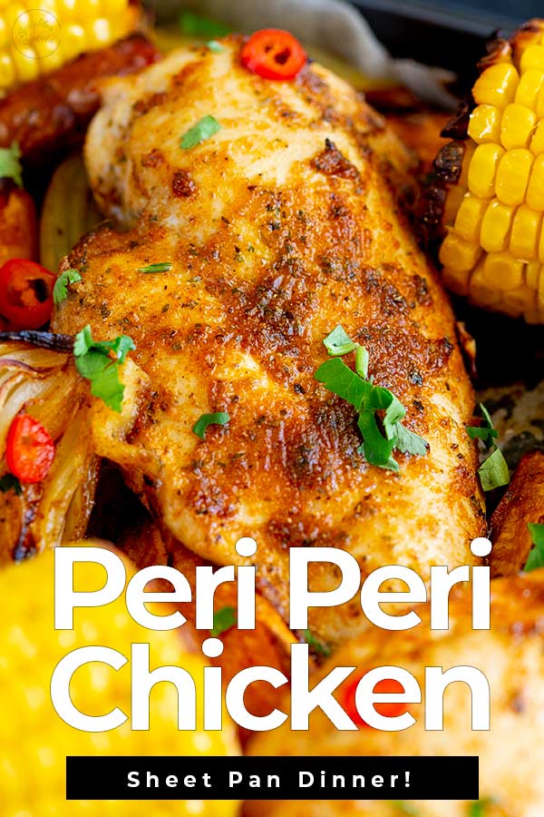close up on peri peri chicken with text at the bottom