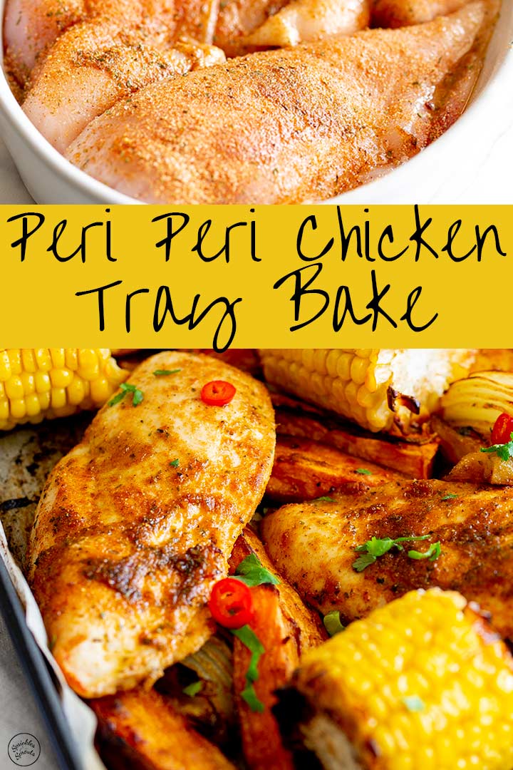 Cooked and raw peri peri chicken with text in the middle
