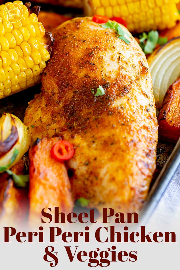 close up on a chicken breast and corn with text at the top