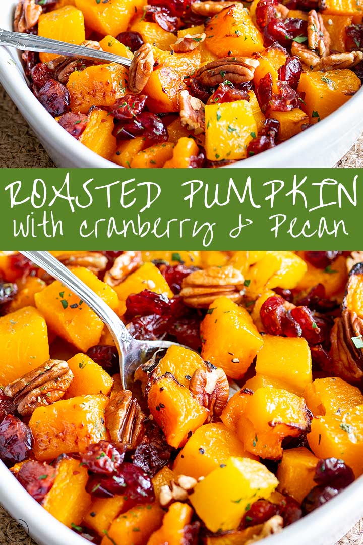 two pictures of roasted pumpkin with text in the middle