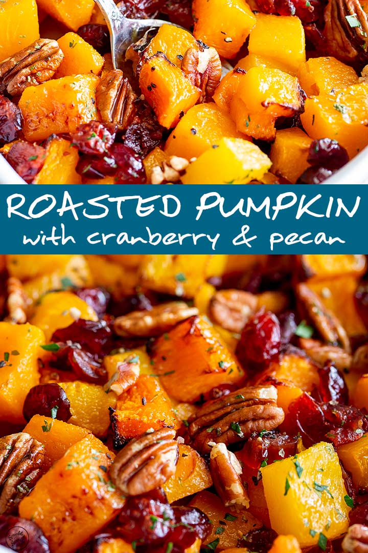 two pictures of roasted pumpkin with text in the middle