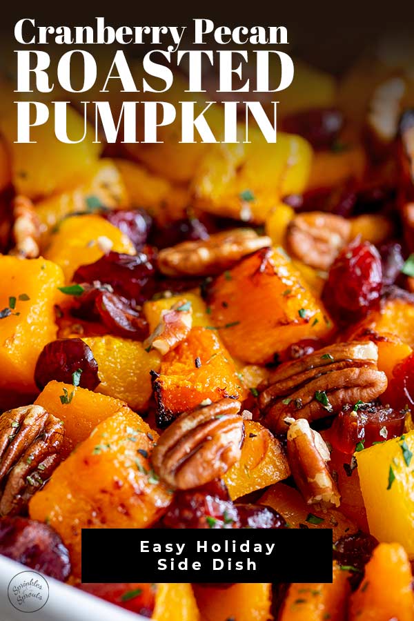 close up of the roasted pumpkin with text at the top and bottom