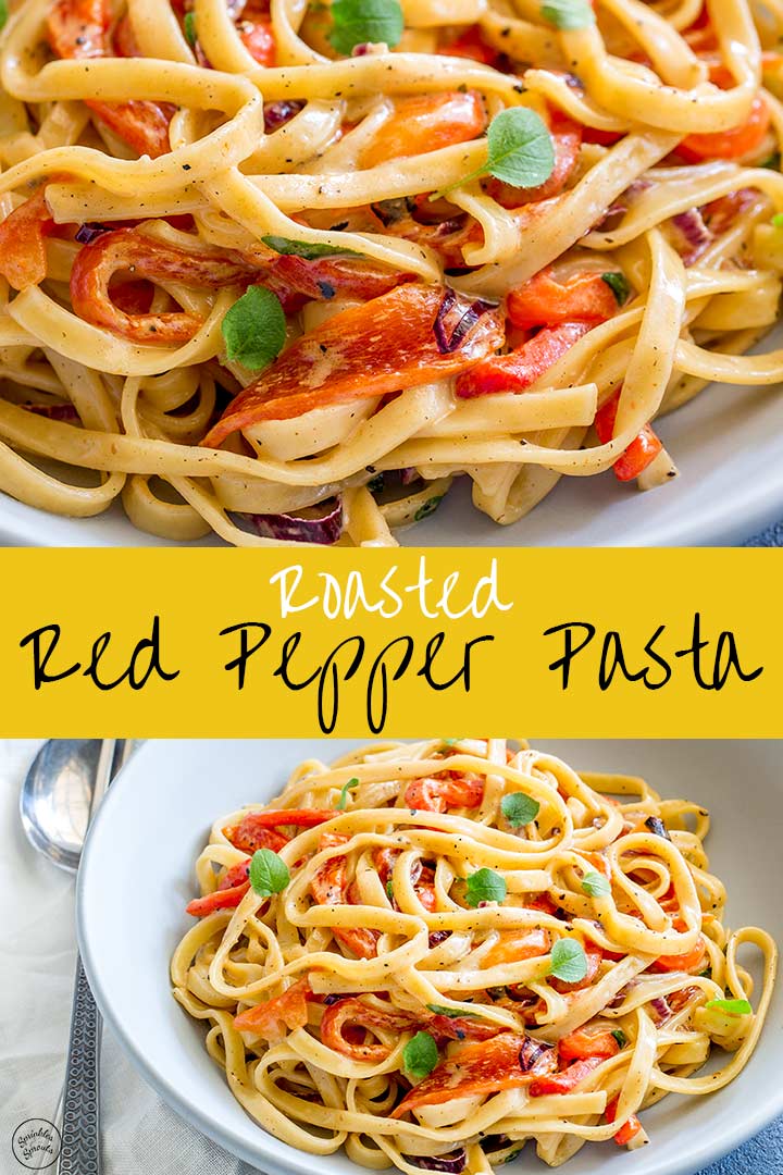 two pictures of red pepper pasta with text in the middle