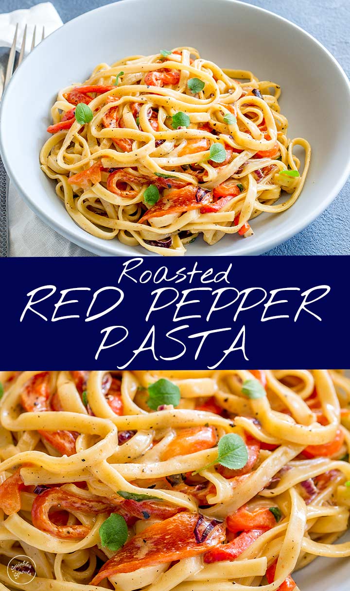 two pictures of red pepper pasta with text in the middle