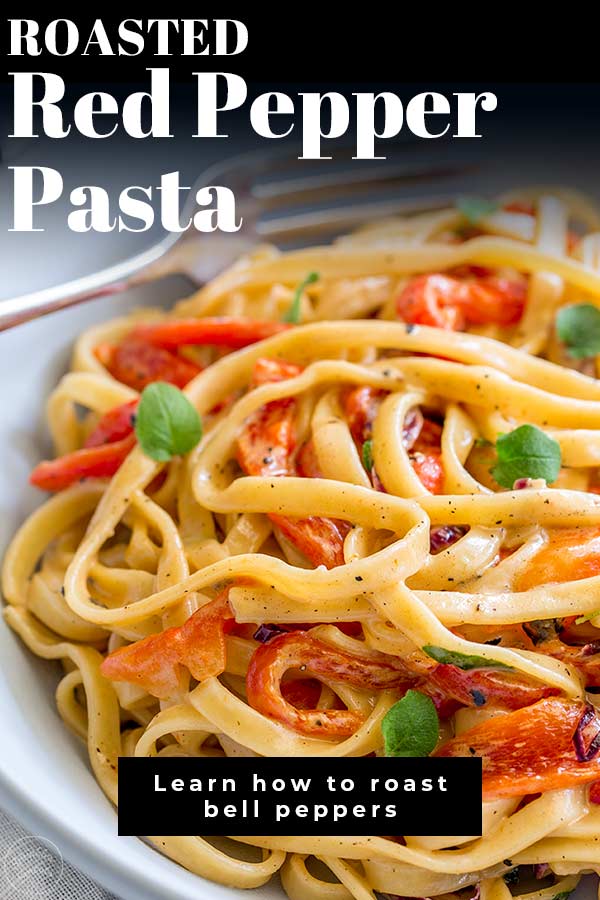 close up on roasted red pepper pasta with text at the top and bottom
