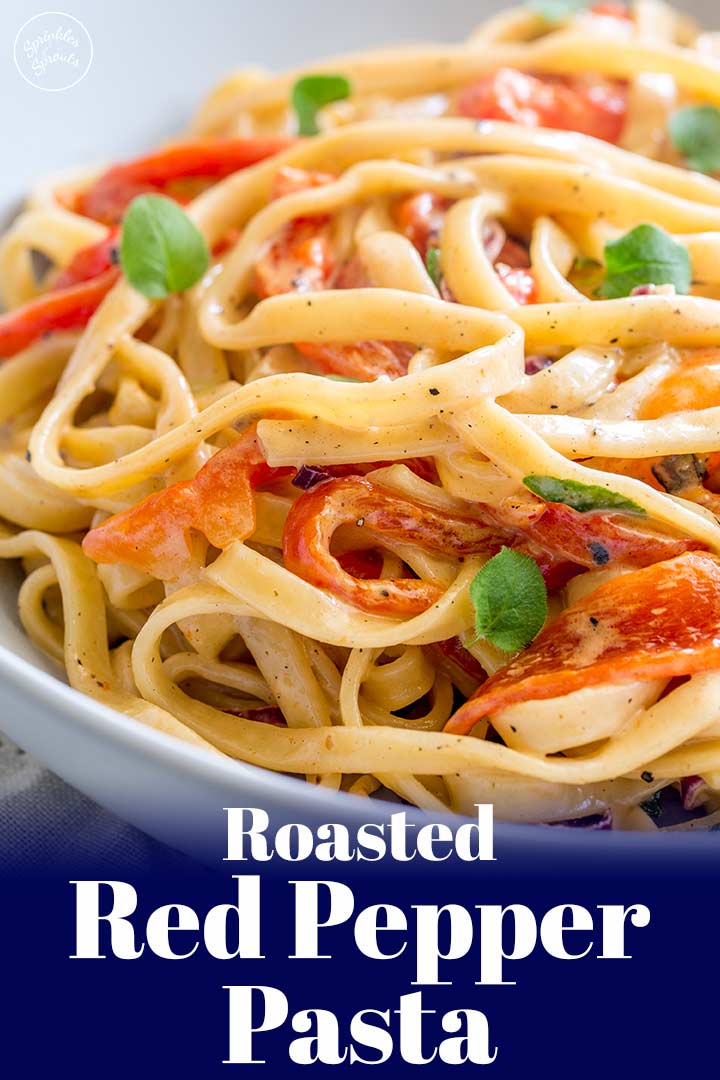 close up on roasted red pepper pasta with text at the bottom