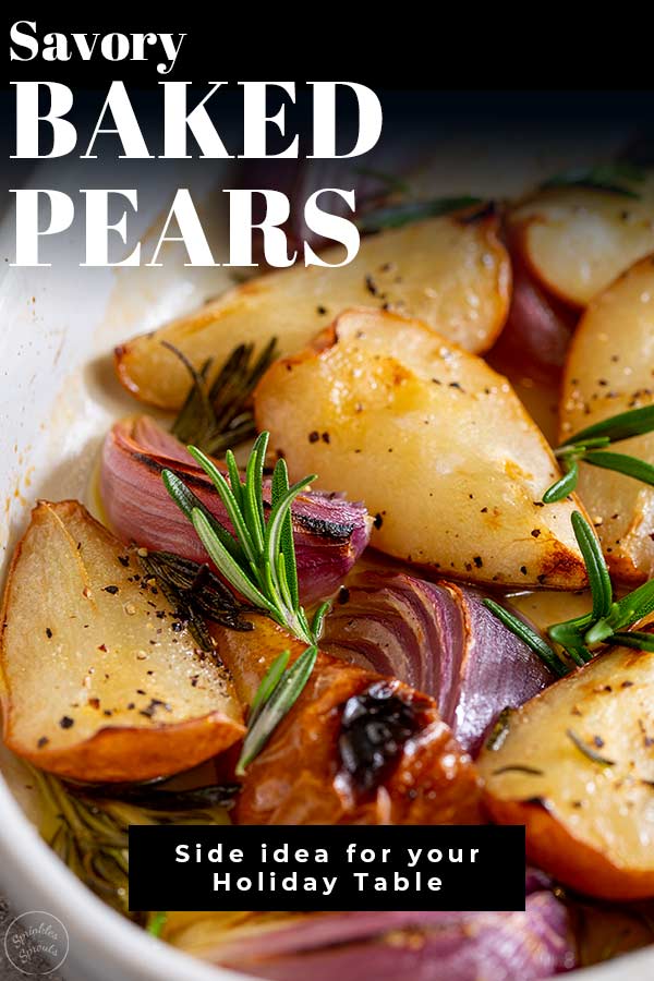 close up on baked pears with text at the top and bottom