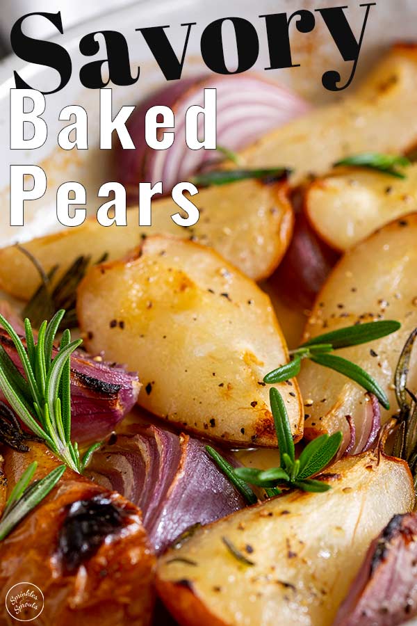 close up on baked pears with text at the top