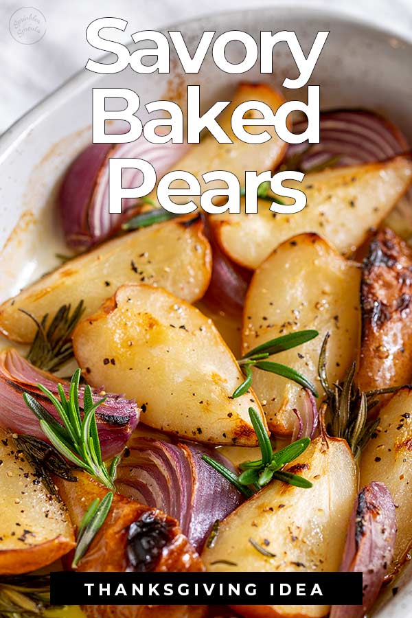 close up on baked pears with text at the top and bottom