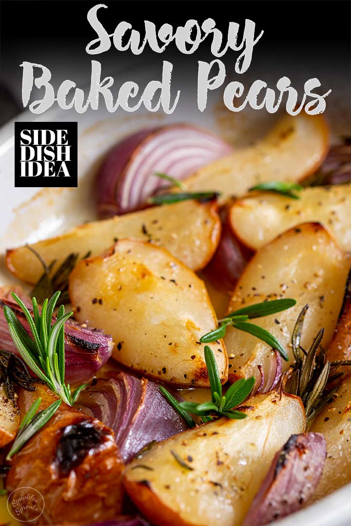 close up on baked pears with text at the top