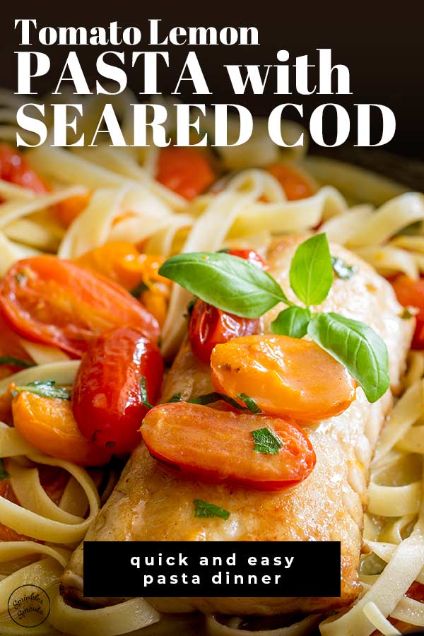 cooked fillet of cod on a bed of pasta with text at the top