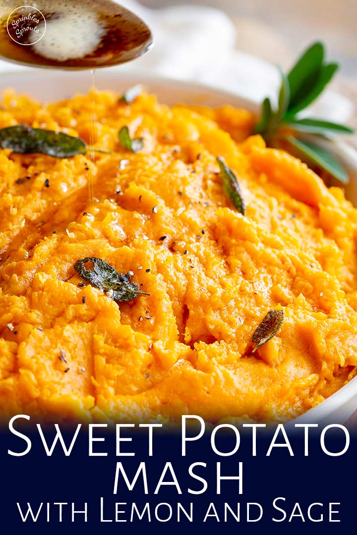 a spoon drizzling butter over sweet potato mash with text at the bottom