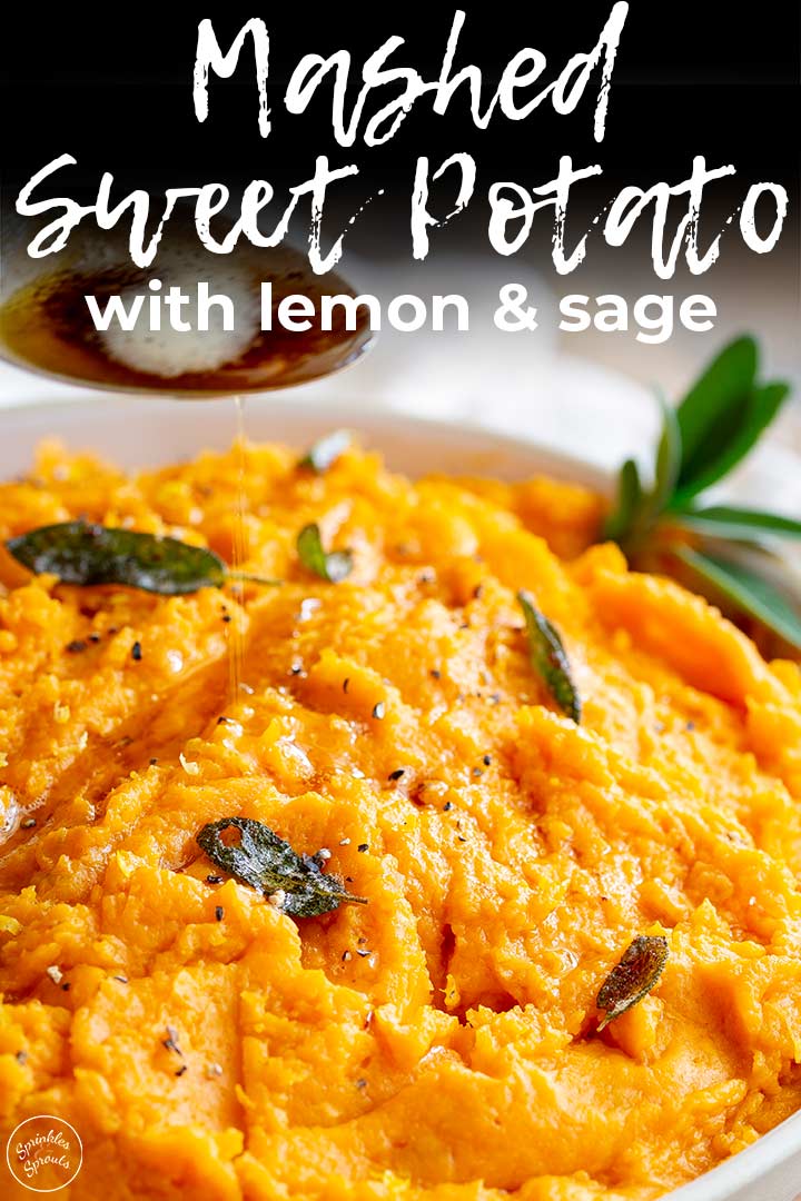 close up on mashed sweet potatoes and sage with text at the top