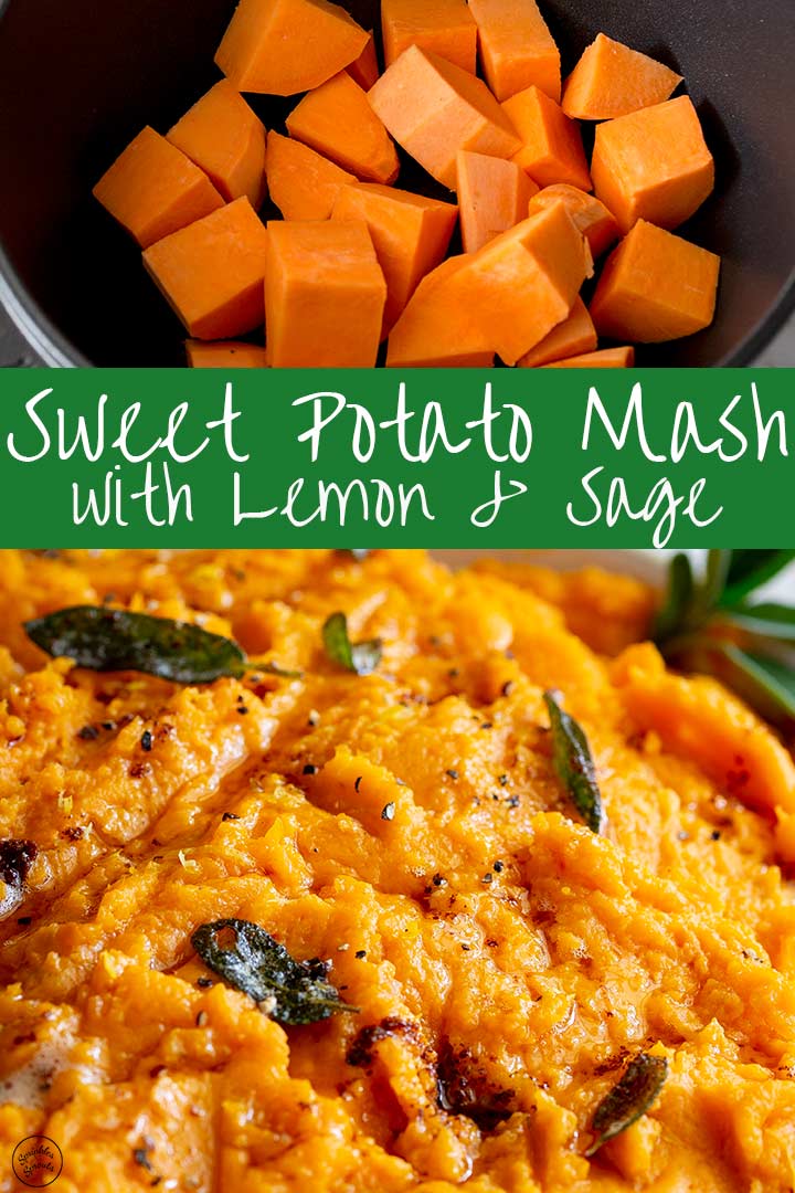 raw sweet potatoes and mashed sweet potatoes with text in the middle