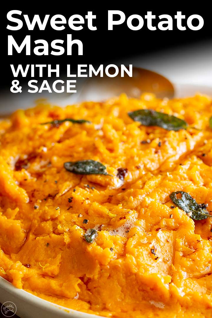 close up on some sweet potato mash with text at the top