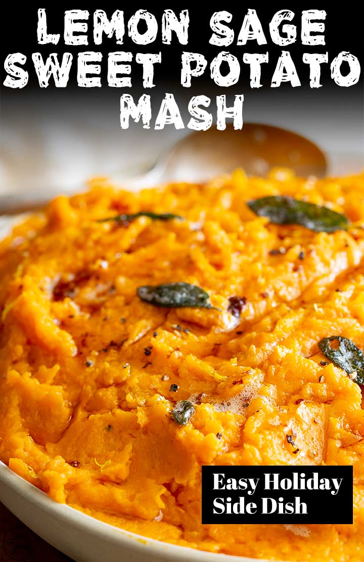 close up on some sweet potato mash with text at the top and bottom