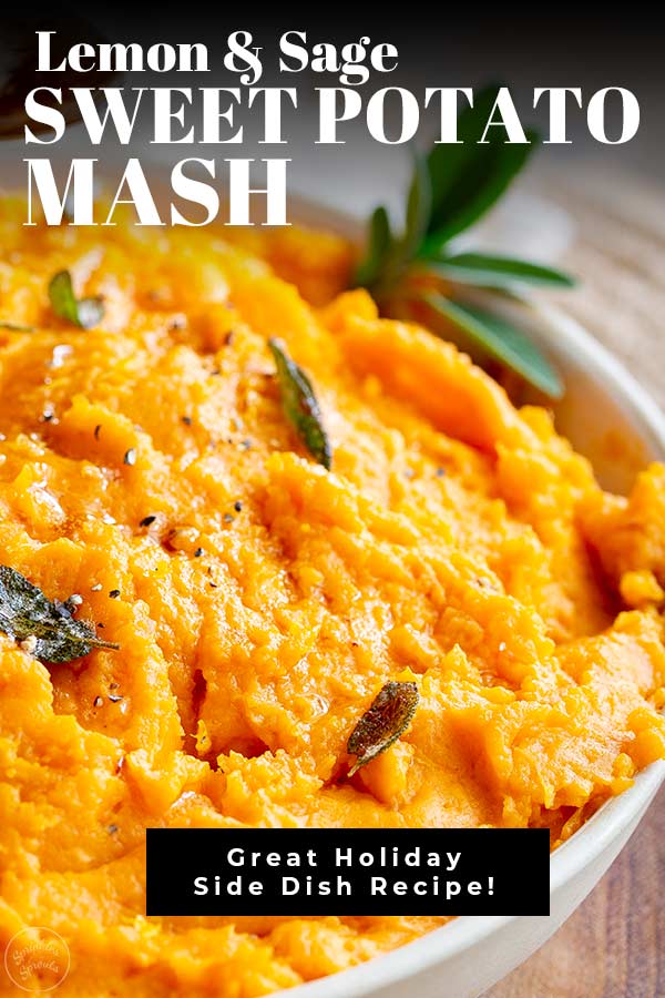 close up on a bowl of sweet potato mash with text at the top and bottom