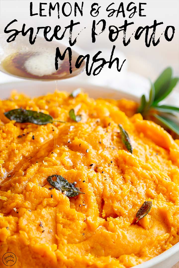 close up on some sweet potato mash and sage with text at the top
