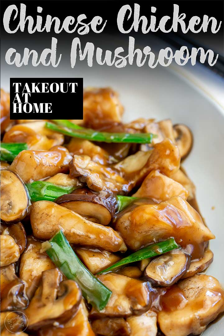 chicken and mushroom in a white bowl with text at the top