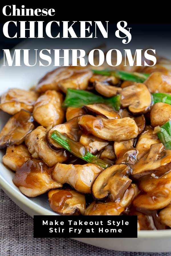 chicken and mushroom in a white bowl with text at the top and bottom