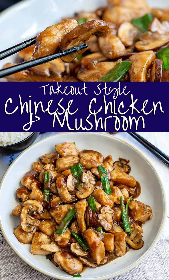 two pictures of Chinese chicken and mushroom with text in the middle