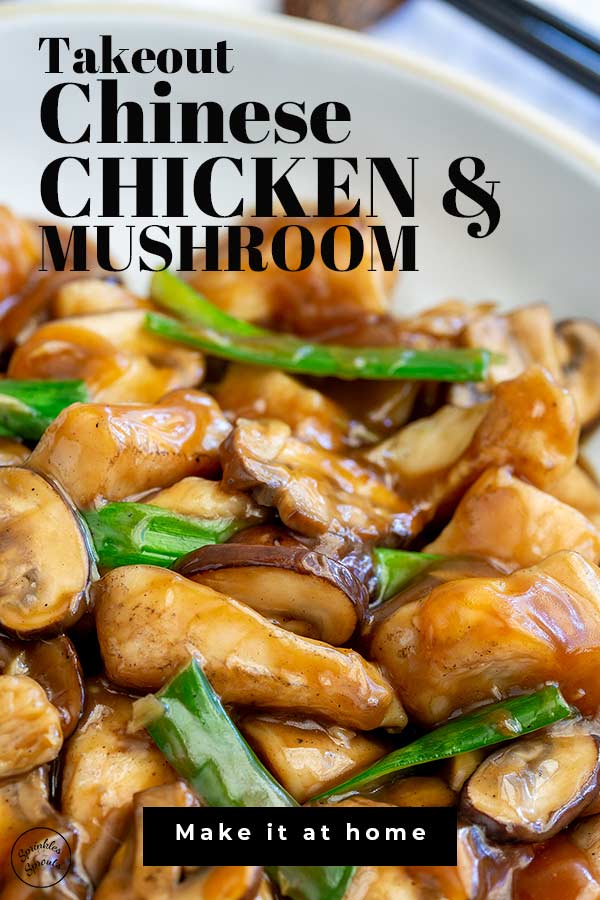 chicken and mushroom in a white bowl with text at the top and bottom