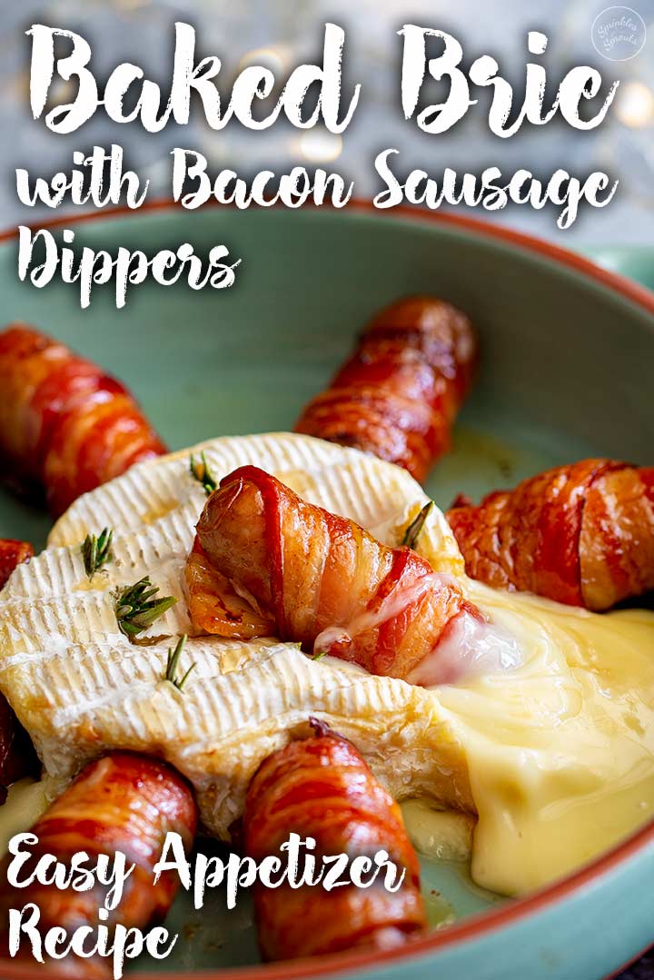 a bacon wrapped sausage sitting in baked brie with text at the top and bottom