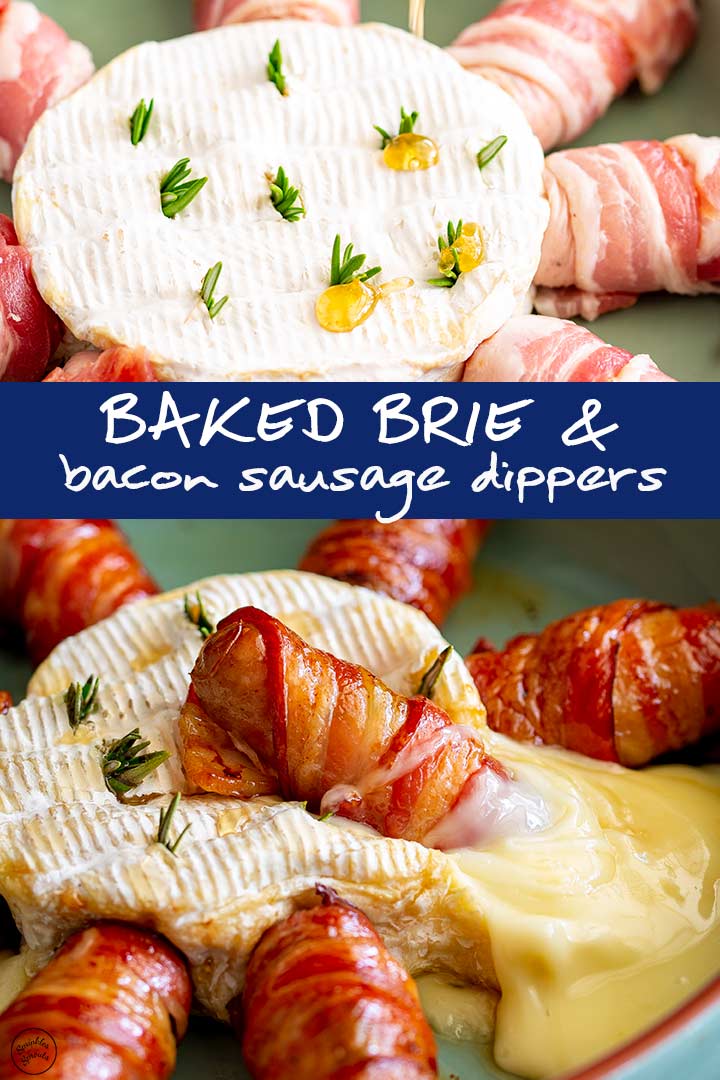 brie and sausage before and after cooking with text in the middle