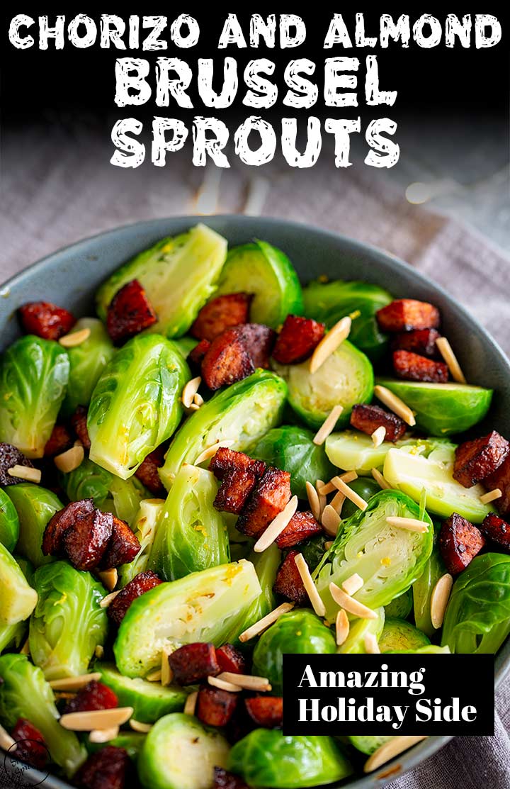 overhead bowl of brussel sprouts with text at the top and bottom