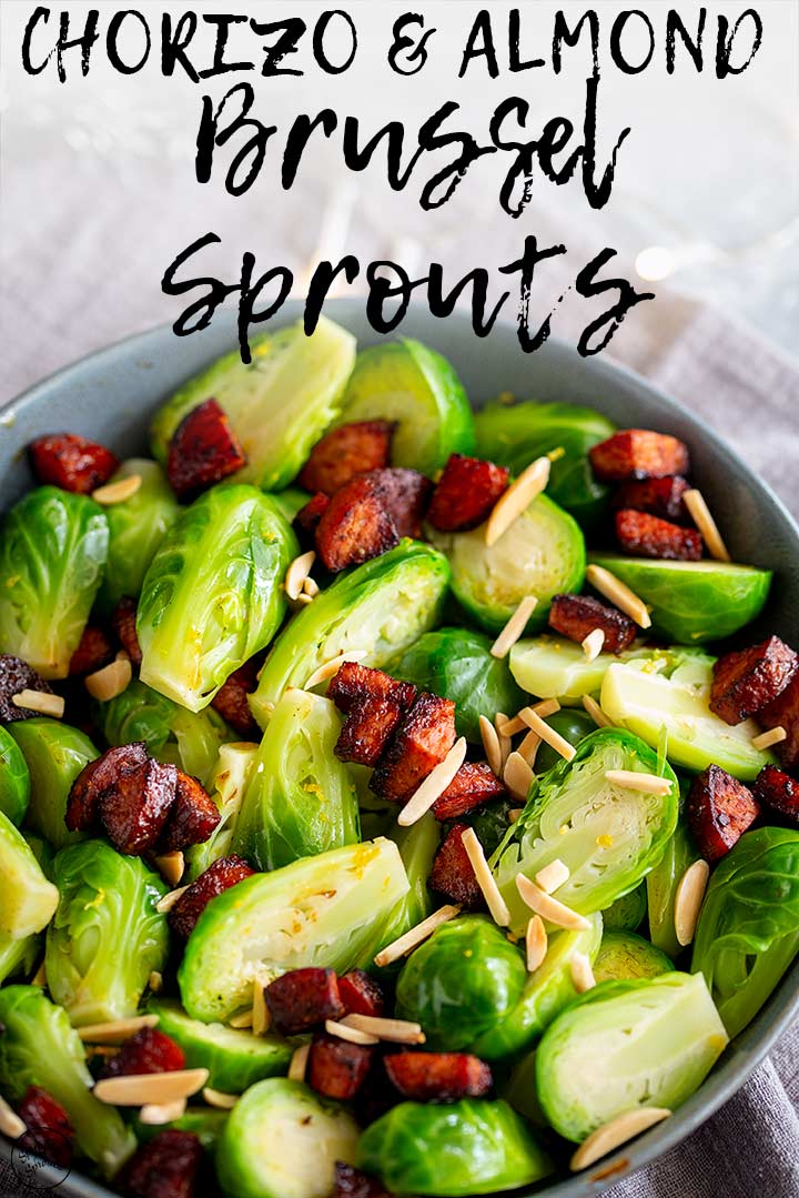 overhead bowl of brussel sprouts with text at the top