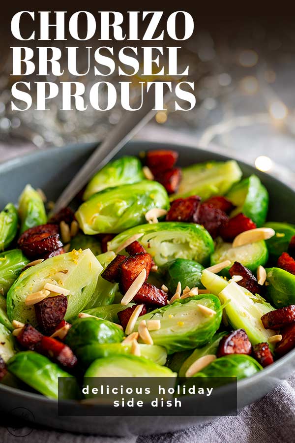 a spoon in a grey bowl of brussel sprouts with text at the top and bottom