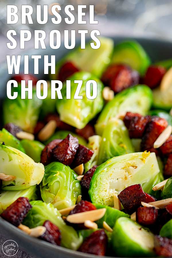cooked brussel sprouts and chorizo with text at the top