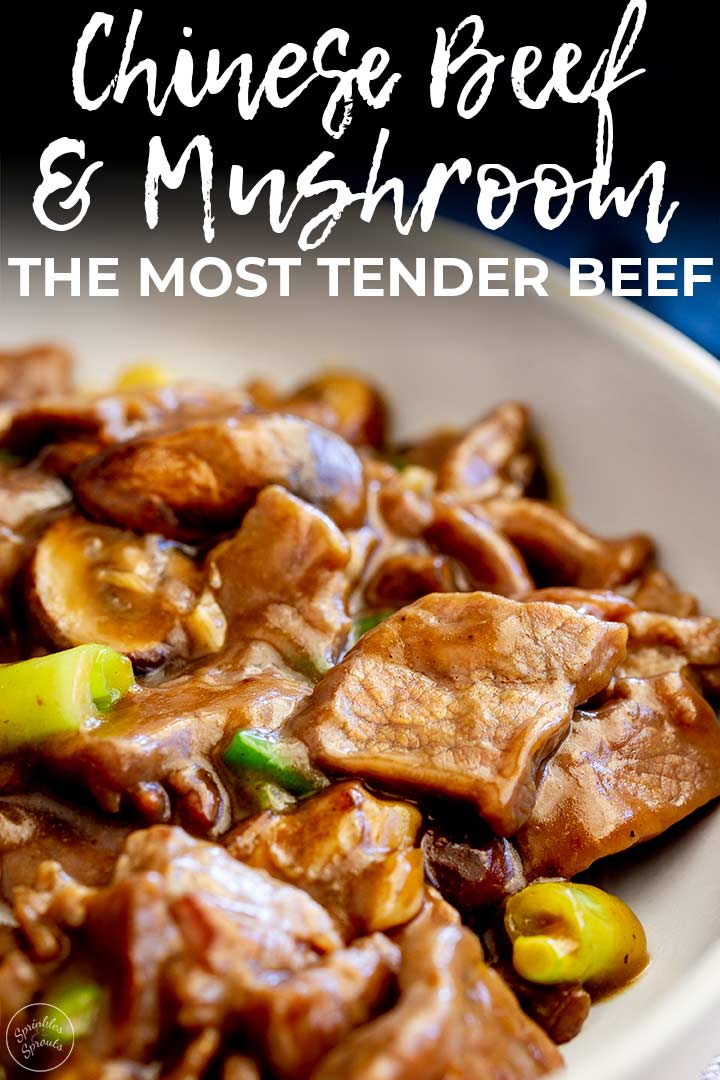 sliced beef and mushrooms in a brown Chinese sauce with text at the top