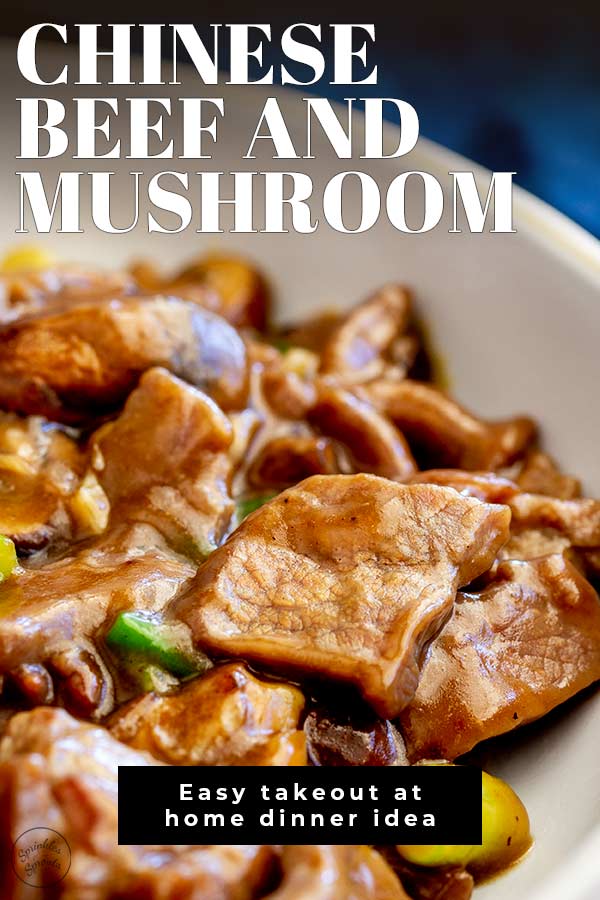 sliced beef and mushrooms in a brown Chinese sauce with text at the top and bottom