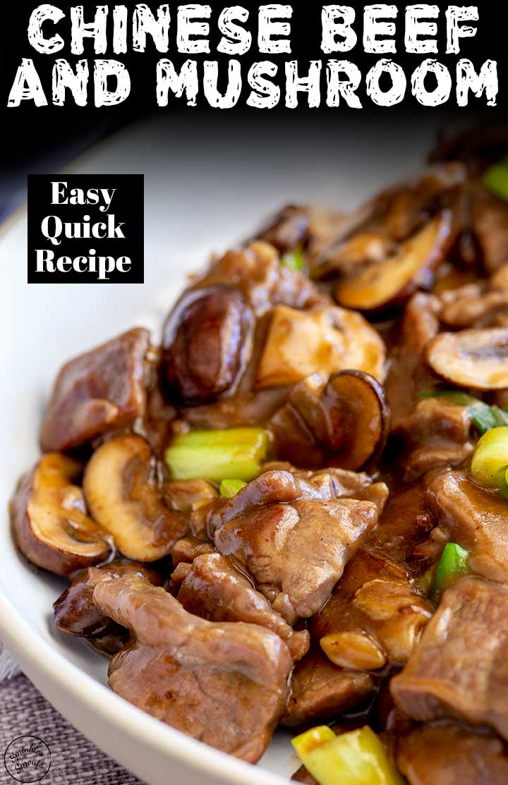 Chinese beef and mushroom in a white bowl with text at the top
