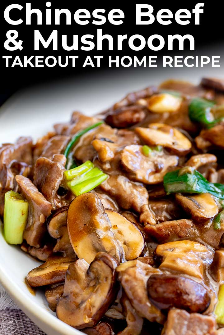 sliced beef and mushrooms in a brown Chinese sauce with text at the top