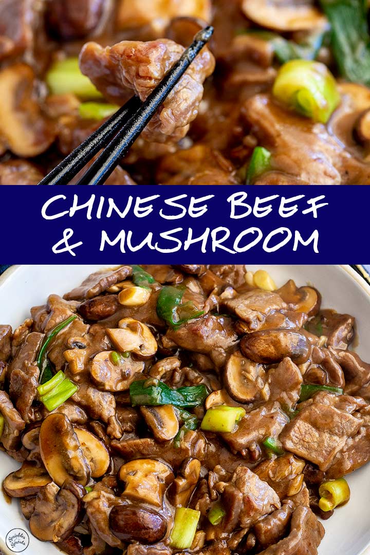 two pictures of beef and mushroom stir fry with text in the middle
