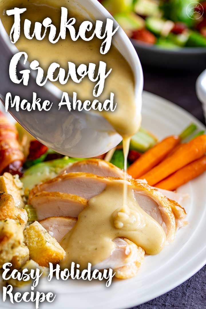 a roast dinner with turkey gravy being poured over and text at the top and bottom