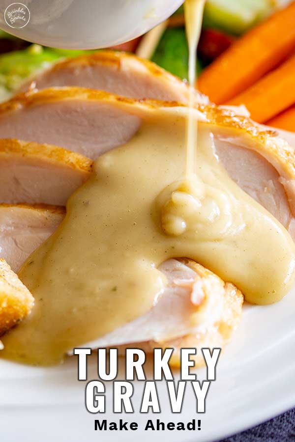 close up on gravy being poured over turkey with text at the bottom