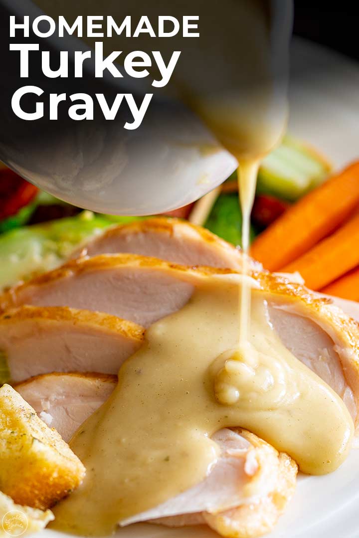 a roast dinner with turkey gravy being poured over and text at the top