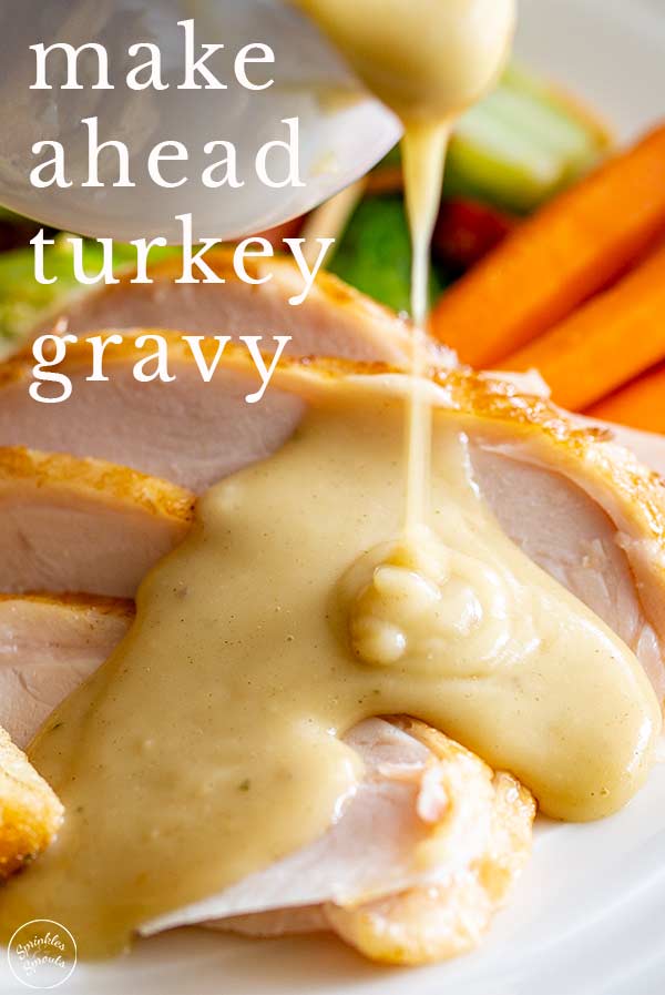 close up on gravy being poured over turkey with text at the top
