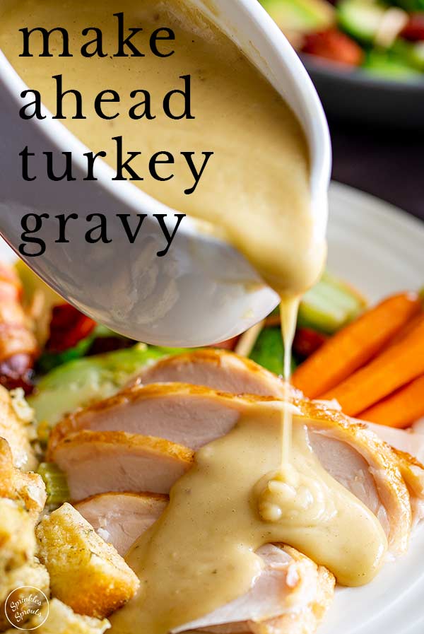 a roast dinner with turkey gravy being poured over and text at the top