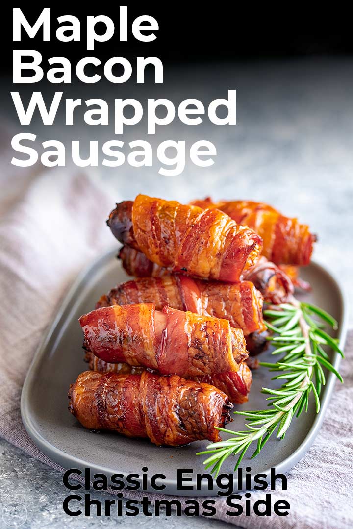a grey oval plate piled with sausages wrapped in bacon with text at the top and bottom