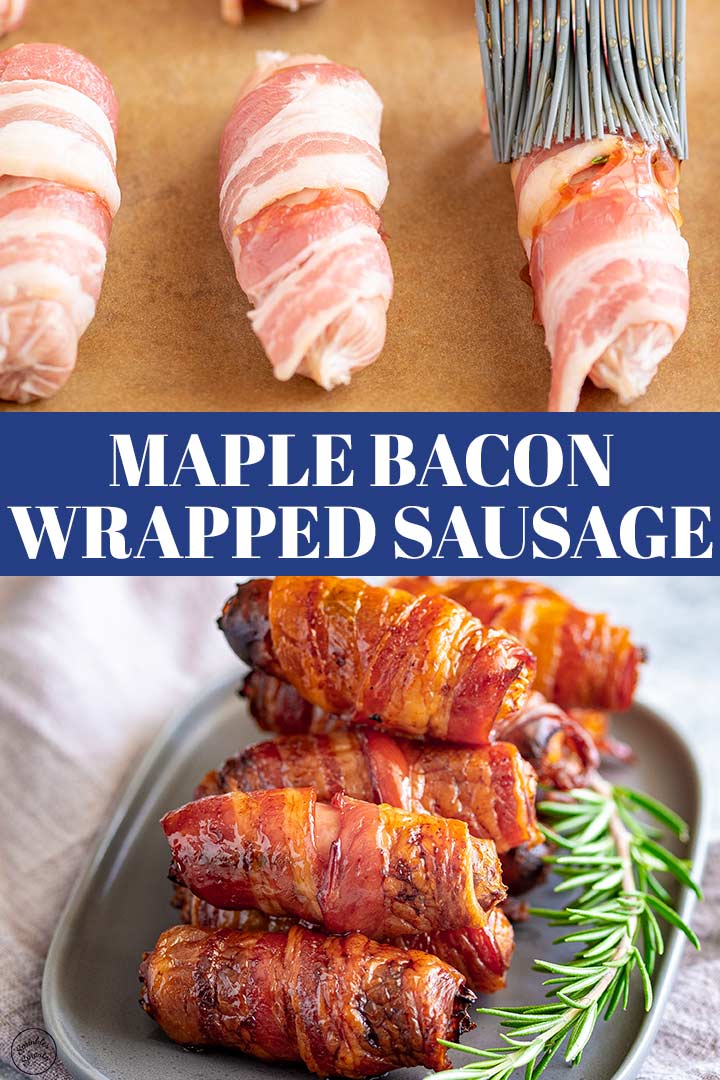 two pictures of sausages wrapped in bacon (raw and cooked) with text in the middle