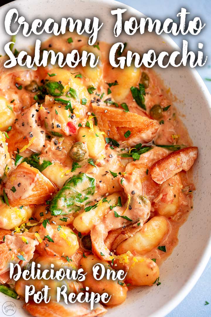 overhead close up of salmon gnocchi with text at the top and bottom