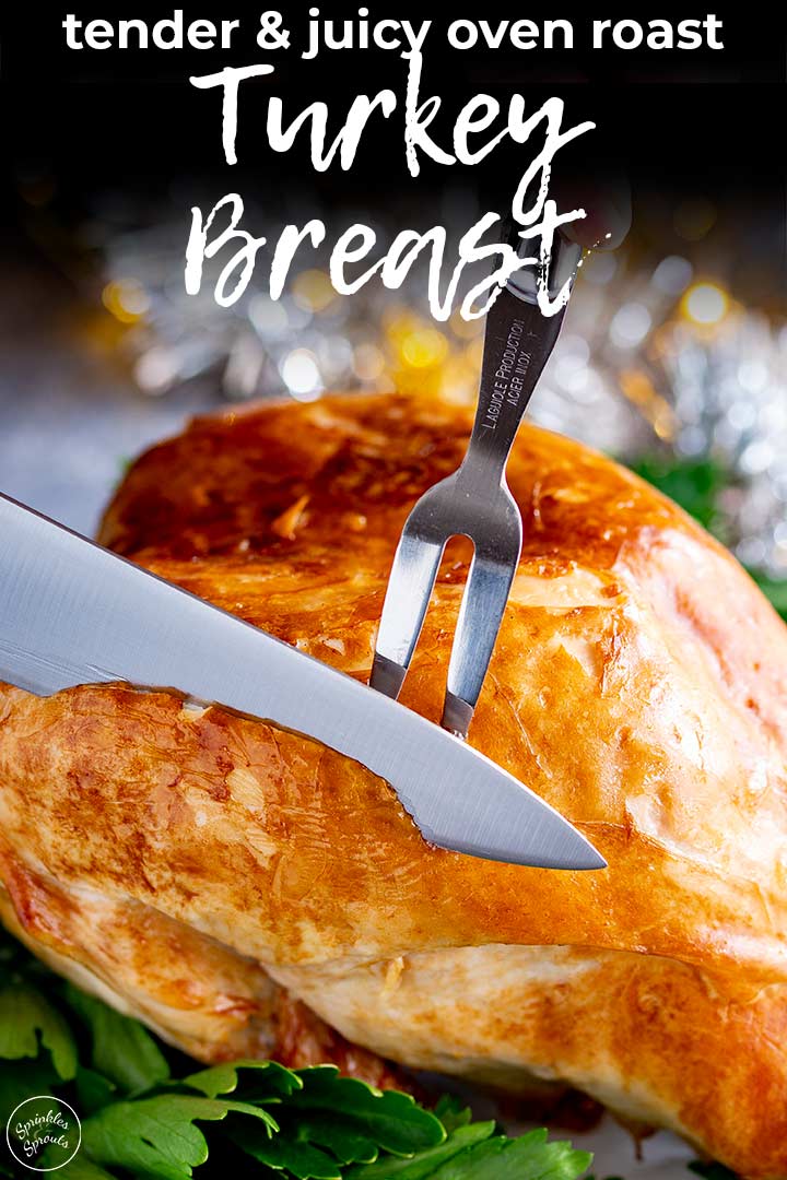 a knife carving a turkey breast with text at the top